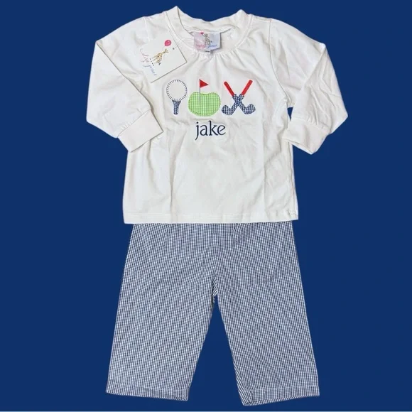 Eliza James Golf Appliqué Set 18M – Personalized “Jake” Shirt + Gingham Pants - Picture 1 of 9